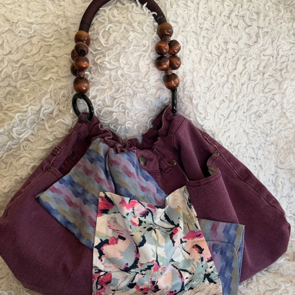 Women's Handmade Plum Denim Shoulder Bag with Wood Bead Handle
